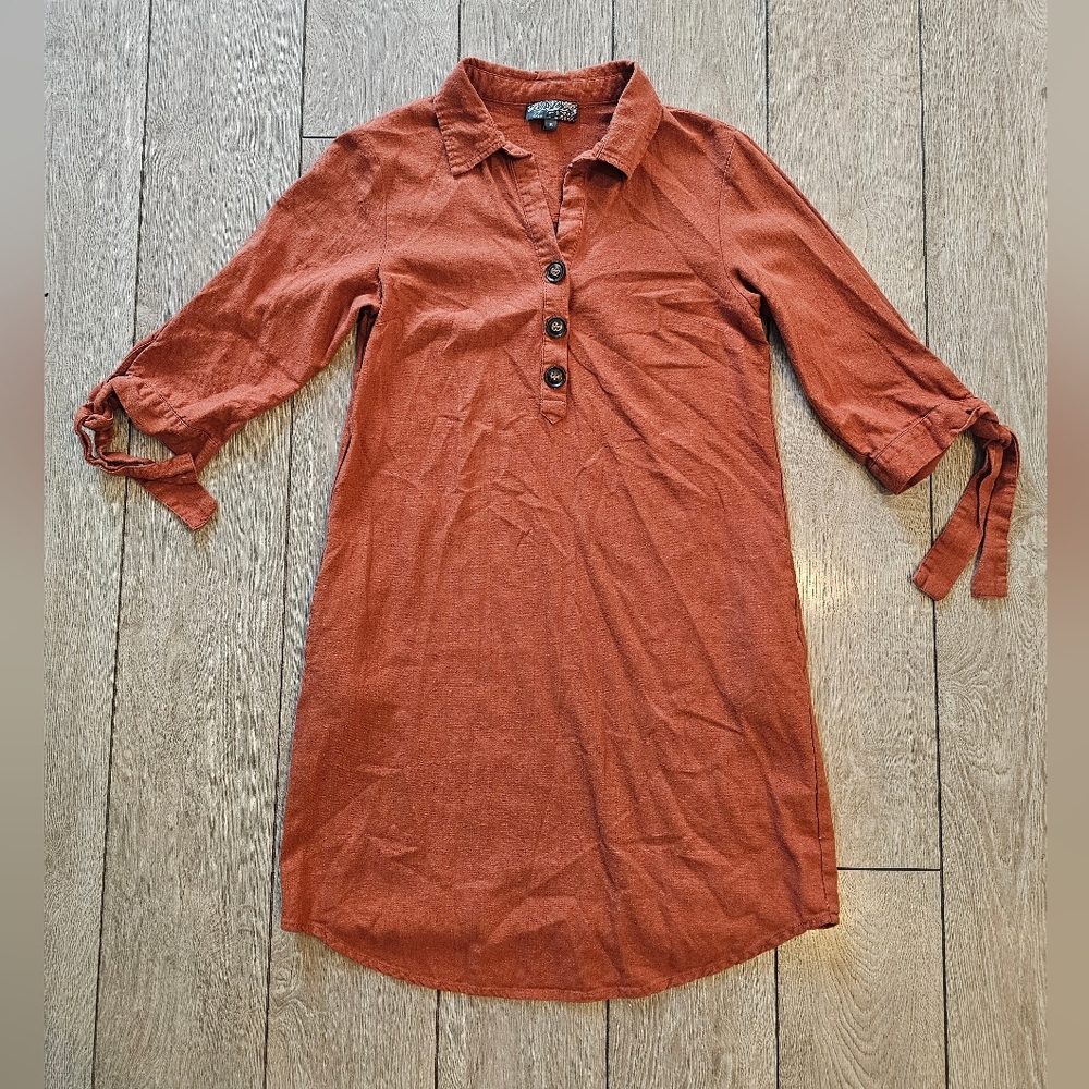 Linen Blend Burnt Orange Pop Over Dress S Country Western Boho Pockets Small j g